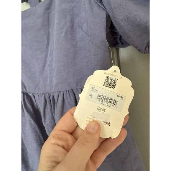 NEW Altar’d State Mini Dress M Medium Gracie Puff Sleeves Denim Blue Tie NEW - Picture 8 of 11